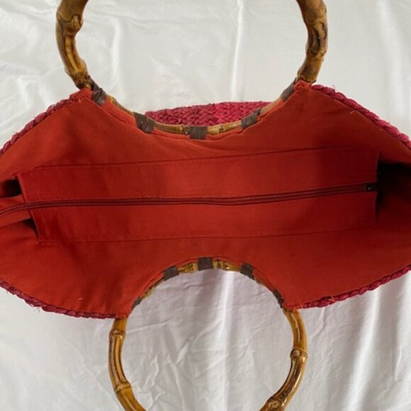 Vintage Large Red Woven Wicker Bamboo Handle Beach Bag Handbag Purse - Picture 10 of 15